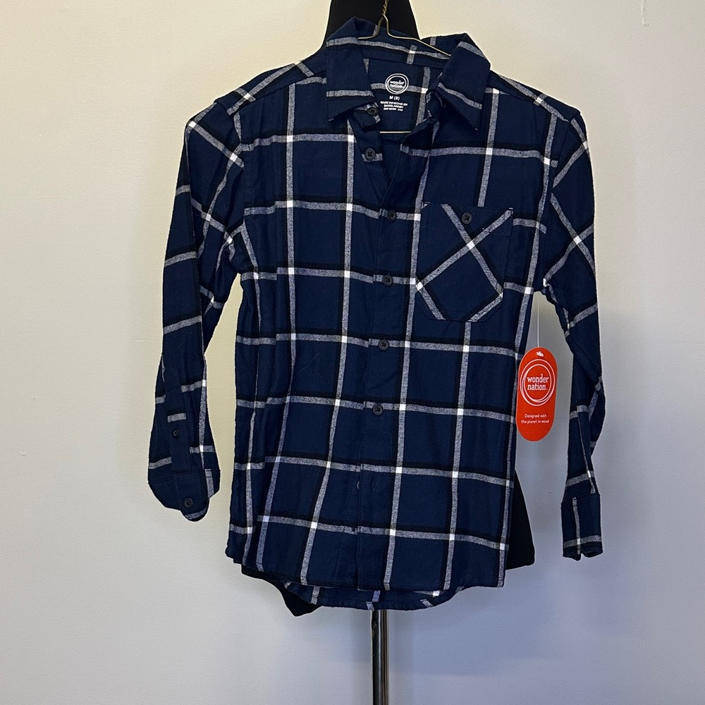 Wonder Nation Navy Plaid Long-Sleeve Button-Down Shirt